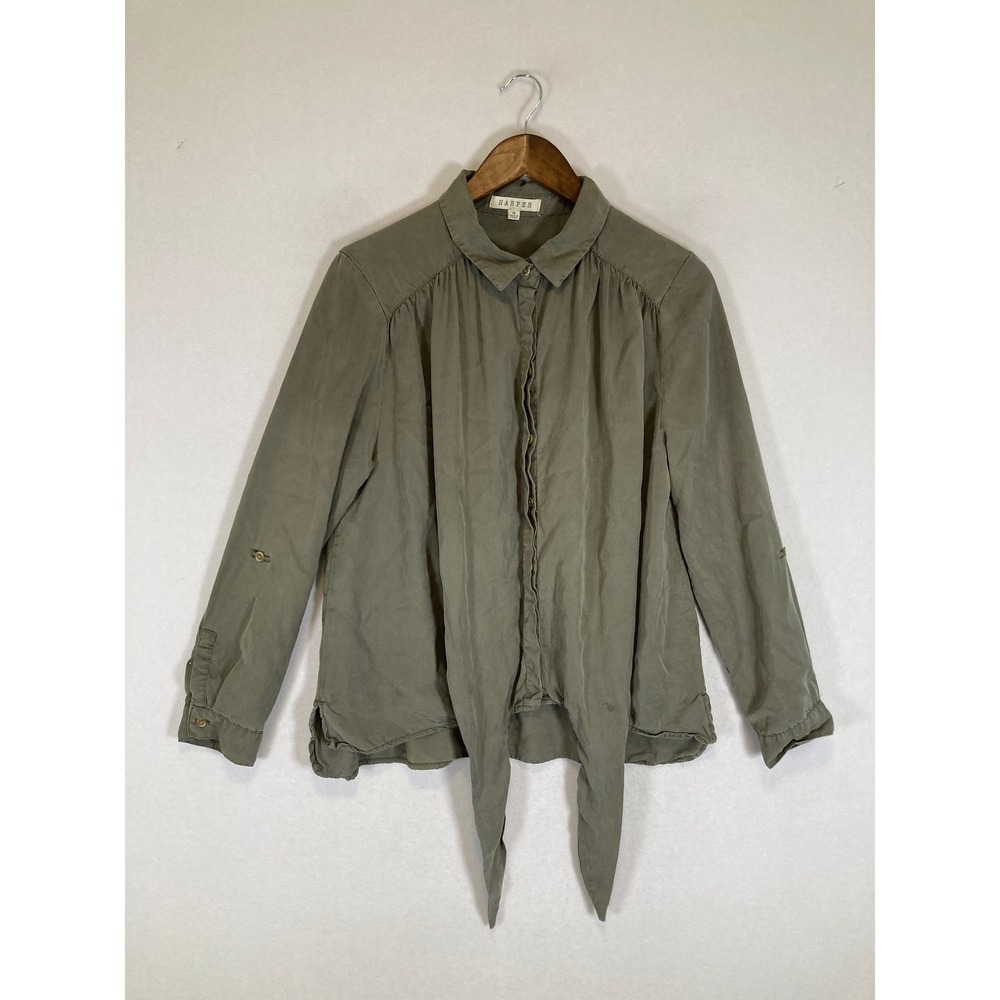 Boho Utility Harper Womens Medium Olive Green Tencel Tie Front Roll Tab Blouse